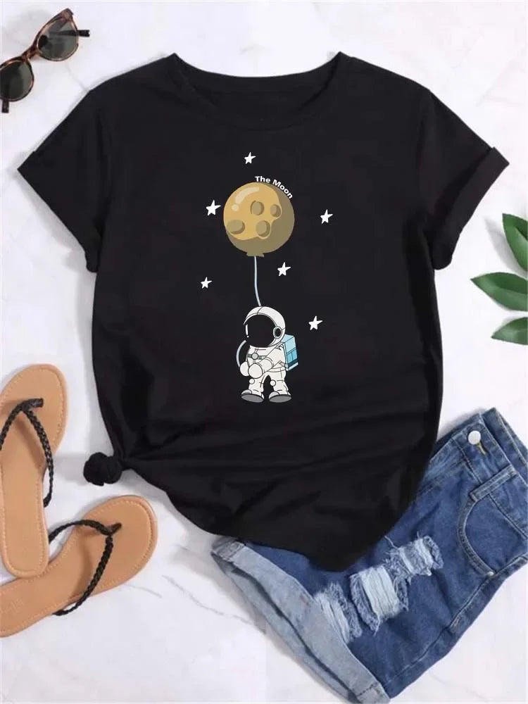T Shirt Women Moon Planet Print Fashion Tee Shirts Casual Round Neck Short Sleeve Streetwear Female T-Shirt Vintage Tops