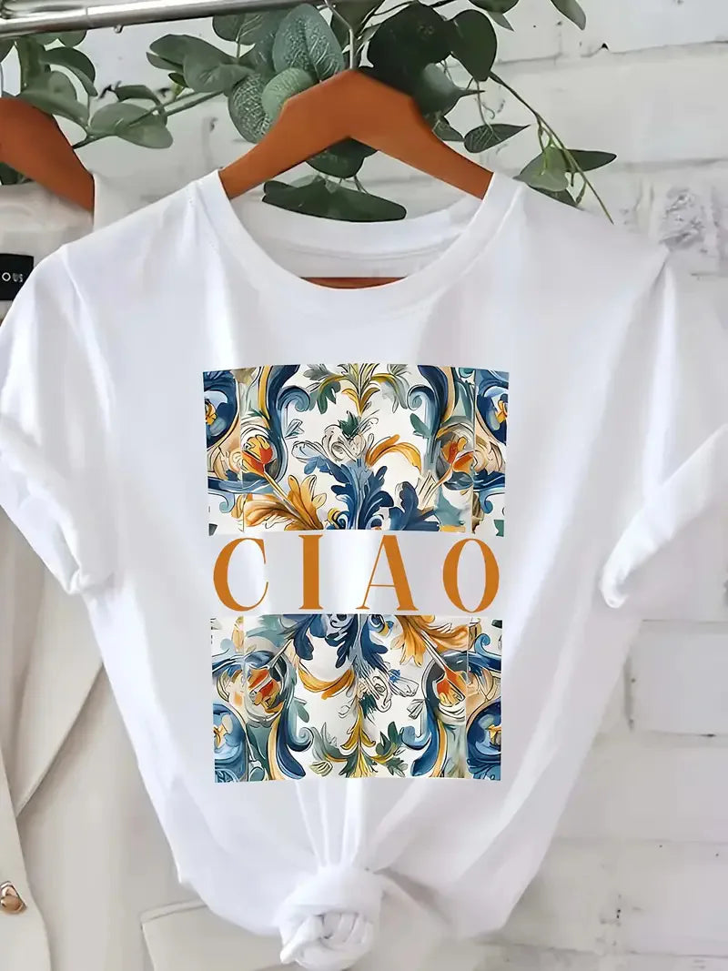 New Hot Selling Pattern Letters Printed Women's Fashion Short-sleeved T-shirt Cherry Round Neck Blouse Summer Fashion Polyester