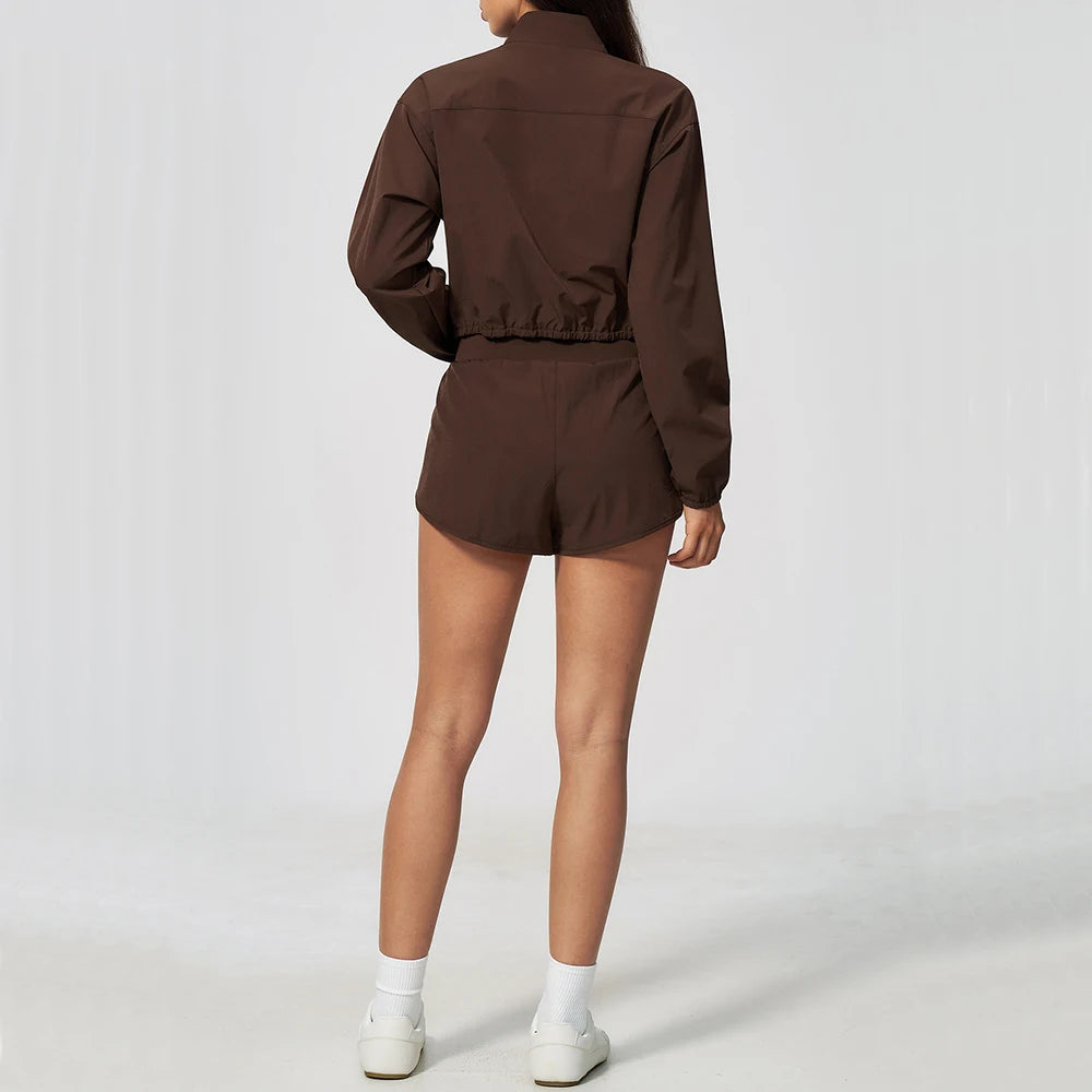 Yoga Set Women 2 Piece Tracksuit Sportswear Suit Outfits Clothing Cropped Jacket Shorts Set Fitness Running Workout Gym Training