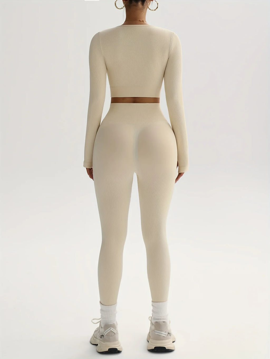 2 pieces set of pure color ribbed women's casual sportswear, sexy low-neck cropped sports long sleeves   high-waisted sports leg
