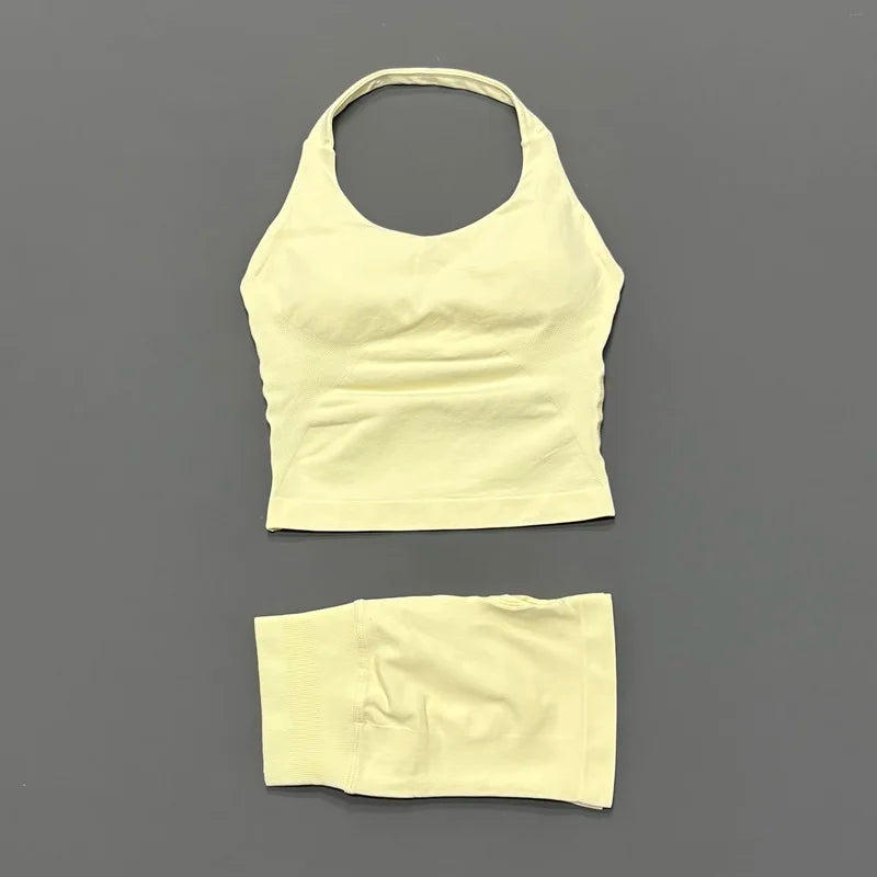 2 Pieces Shorts Yoga Set Women Backless Halter Tops High Waist Seamless Shorts Gym Suit Fitness Sportswear Workout Sets