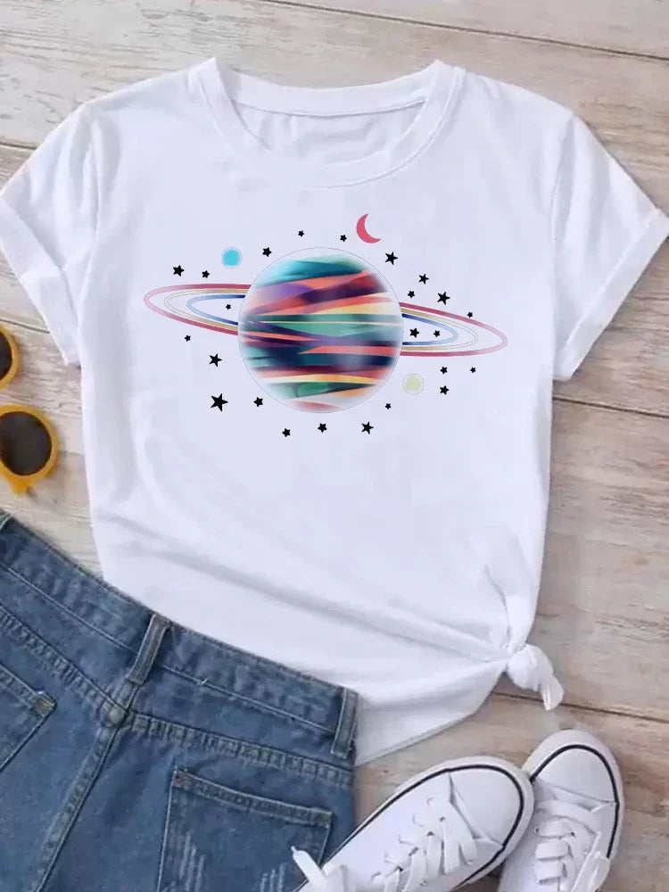 T Shirt Women Moon Planet Print Fashion Tee Shirts Casual Round Neck Short Sleeve Streetwear Female T-Shirt Vintage Tops