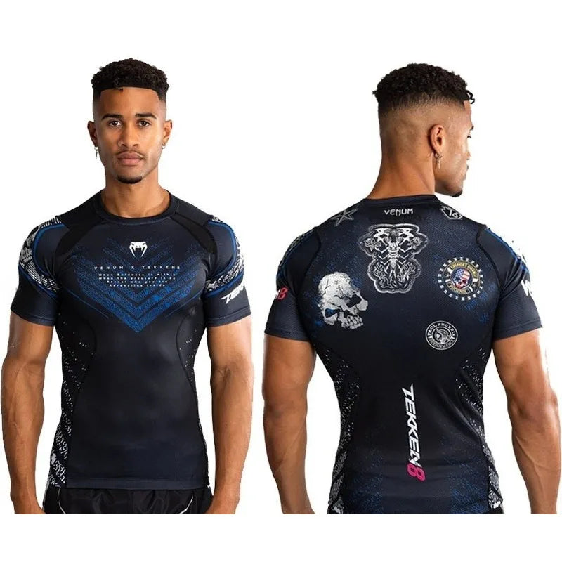 Gym Workout Shirts Men Sports Wear Casual Boxing Tops Combat Training Fitness Quick-Dry Short Sleeve Bodysuit