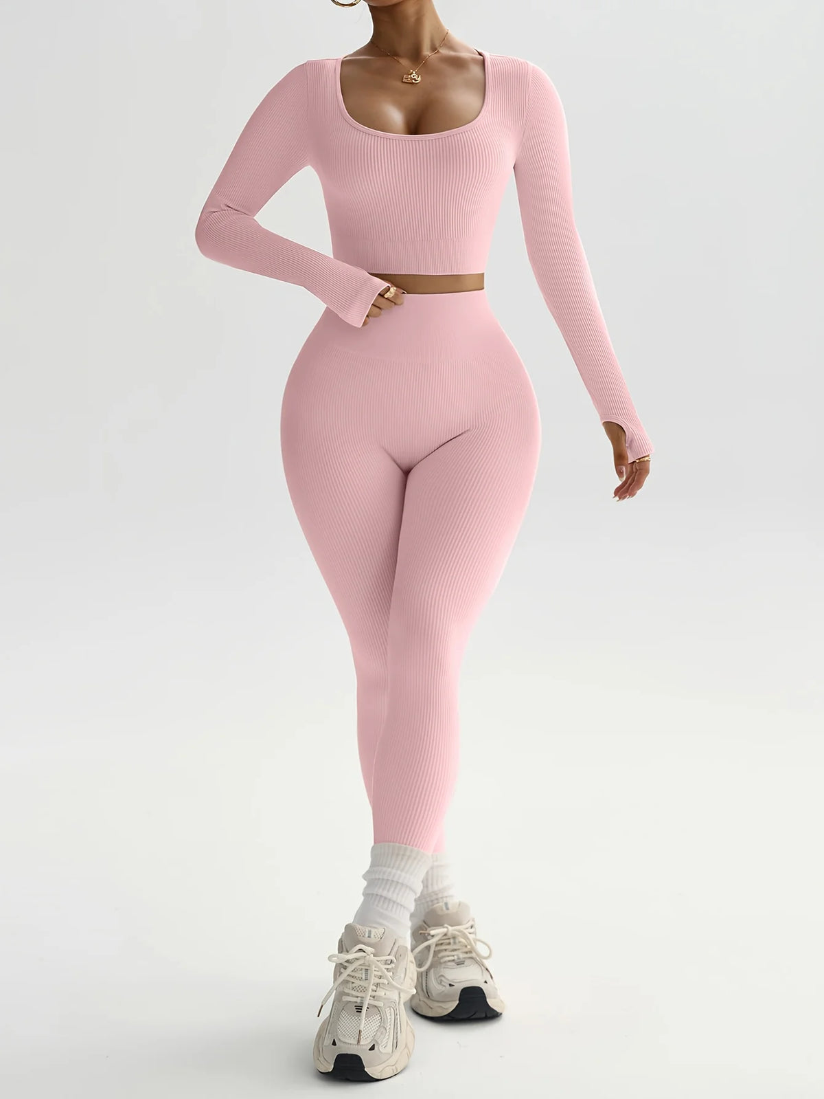 2 pieces set of pure color ribbed women's casual sportswear, sexy low-neck cropped sports long sleeves   high-waisted sports leg