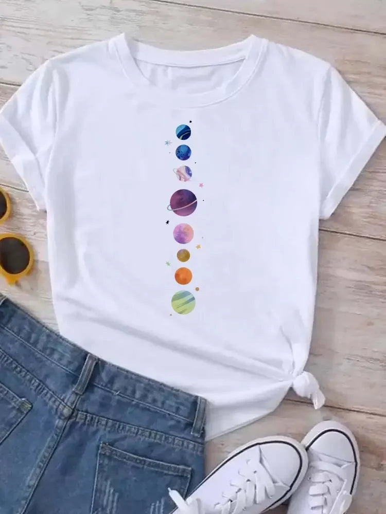 T Shirt Women Moon Planet Print Fashion Tee Shirts Casual Round Neck Short Sleeve Streetwear Female T-Shirt Vintage Tops