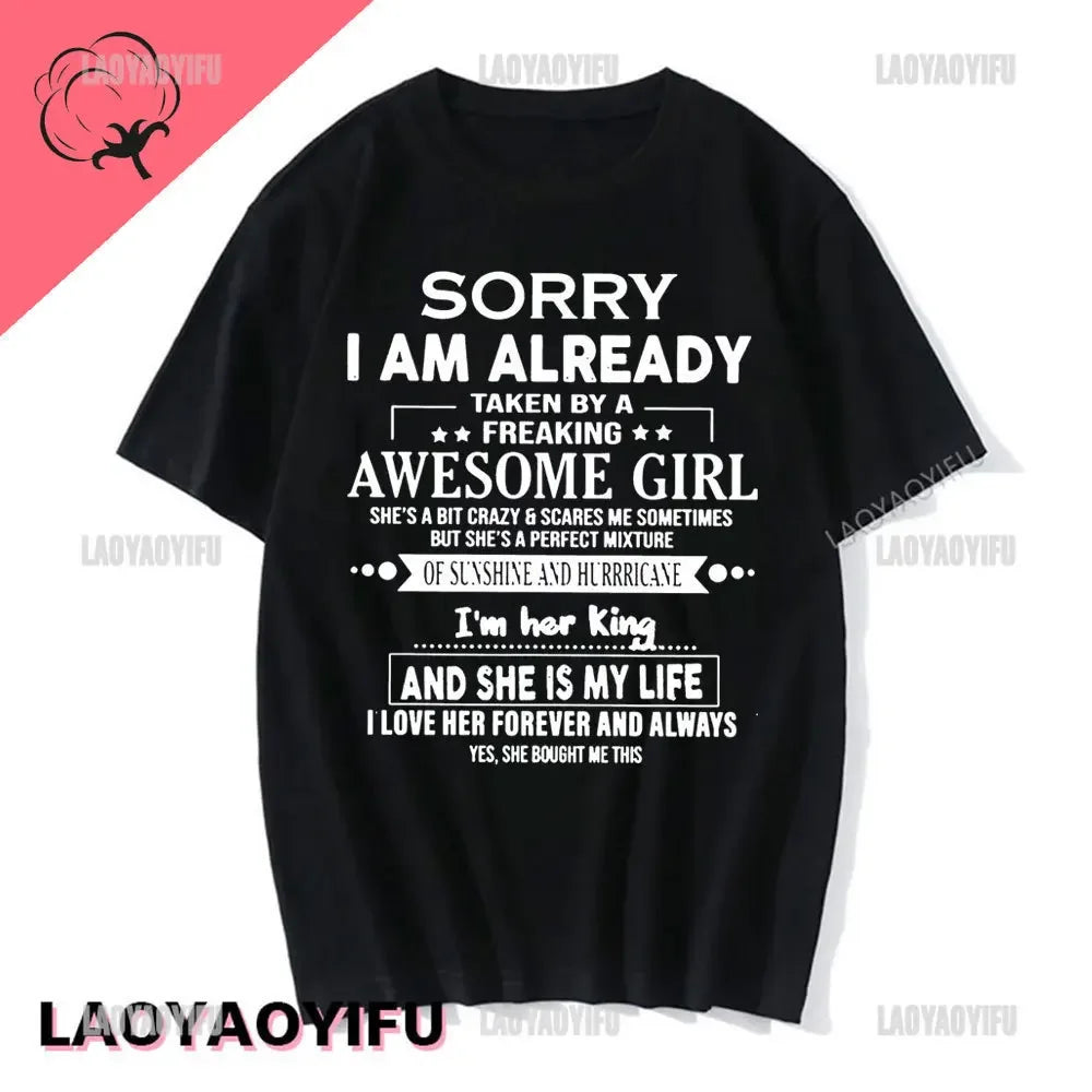 Sorry I Am Already Taken By A Freaking Awesome Guy Husband Couple T-Shirt Fashion Funny Husband and Wife T Shirt  Short-sleev