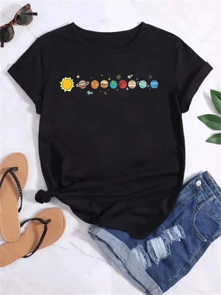 T Shirt Women Moon Planet Print Fashion Tee Shirts Casual Round Neck Short Sleeve Streetwear Female T-Shirt Vintage Tops