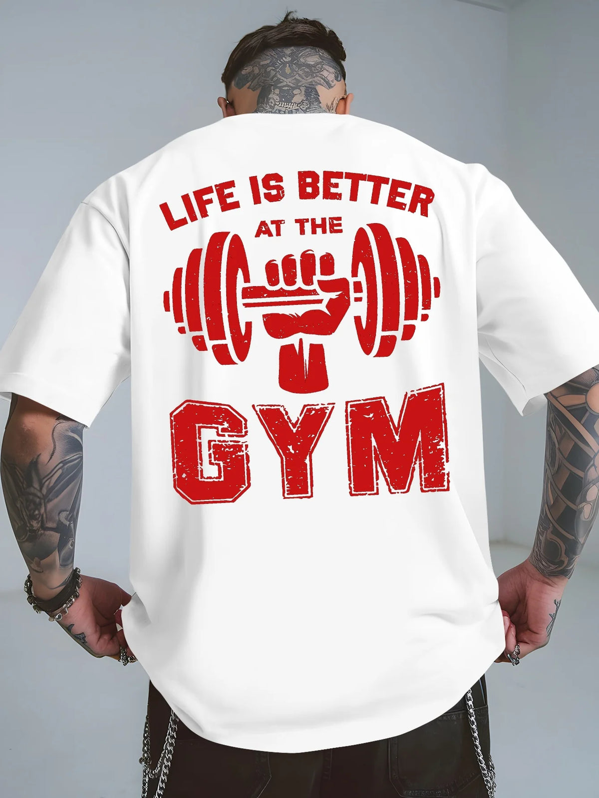 Men'S Life Is Better At The Gym Graphic T-Shirt Casual White Short-Sleeve Tee with Dumbbell Design Breathable Short Sleeve