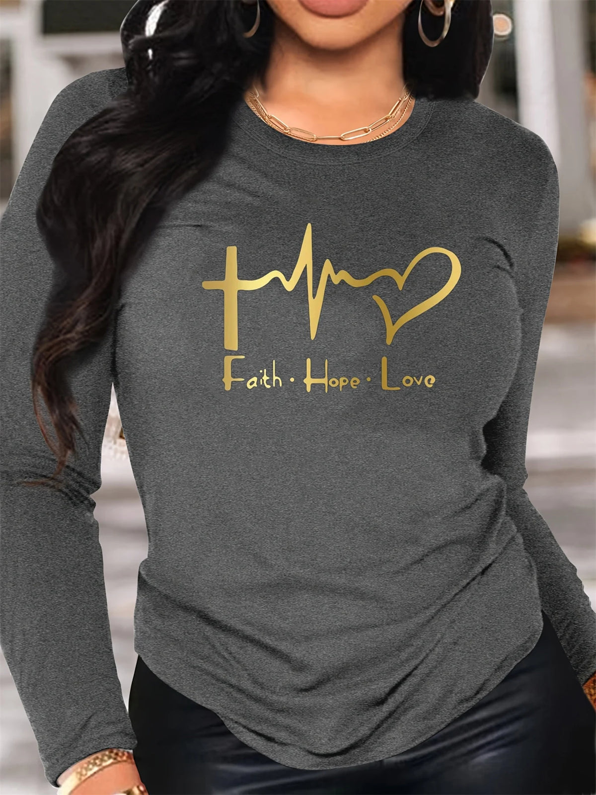 100% pure cotton women's spring and autumn casual long sleeved heart-shaped belief graphic printed round neck T-shirt