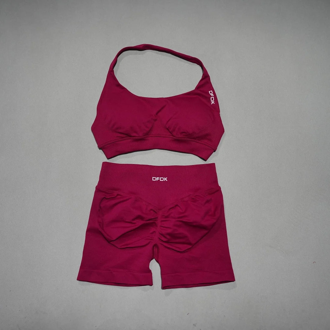 DFDK Women's Fashion 2 Piece Sports Set Lace Up Sports Bra Seamless Shorts Leggings Yoga Gym Fitness Running Tracksuit