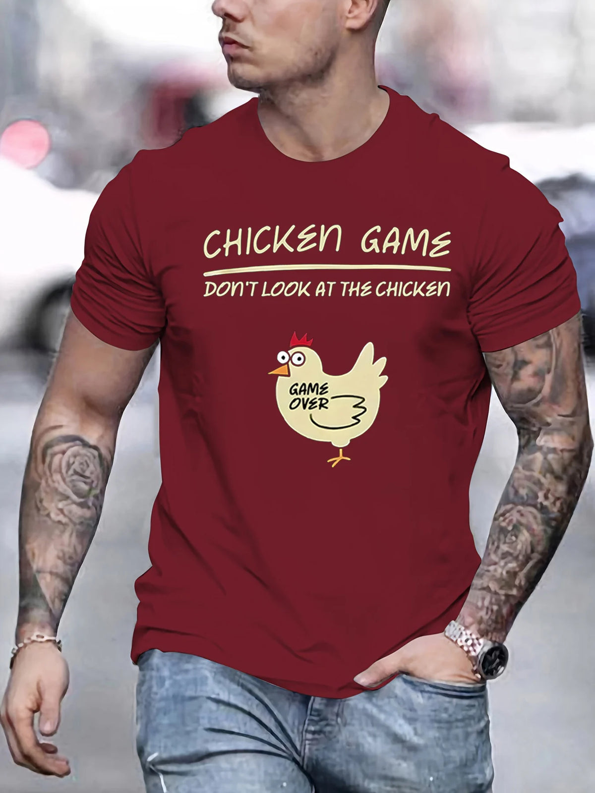 Men's 100% pure cotton fashionable casual loose sports fun chicken game pattern printed round neck short sleeved T-shirt top