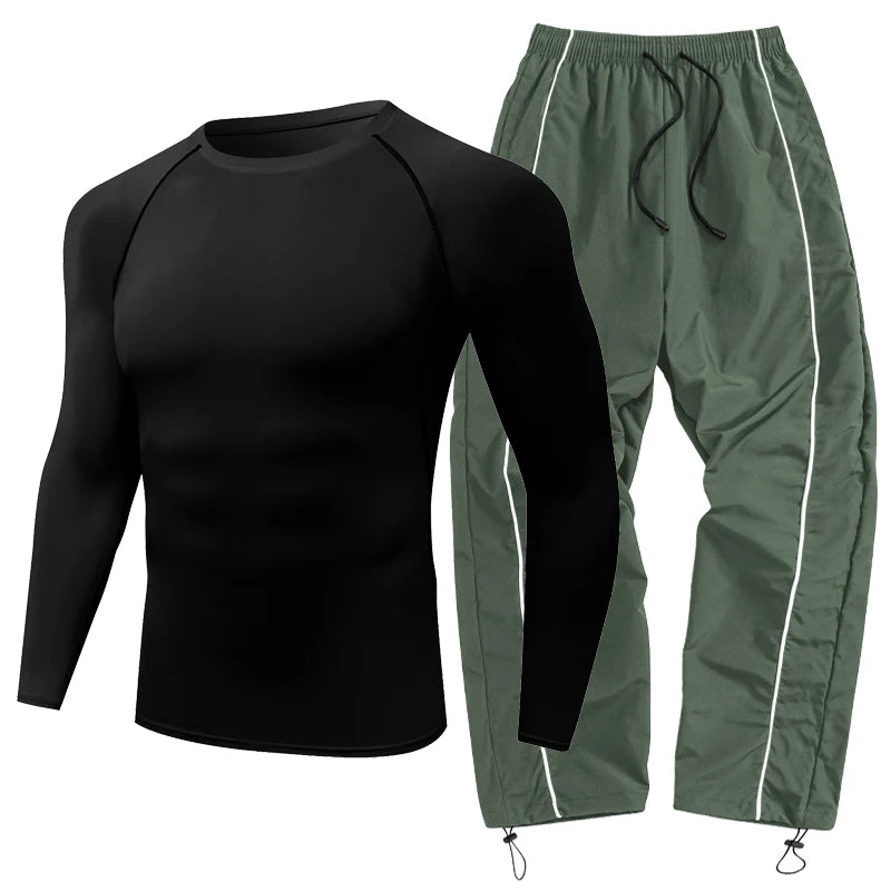 Mens Spring Fall Athletic 2 Piece Set Gym Workout Running Sportswear Long Sleeve Compression Shirt Pants Trousers Sweatpants
