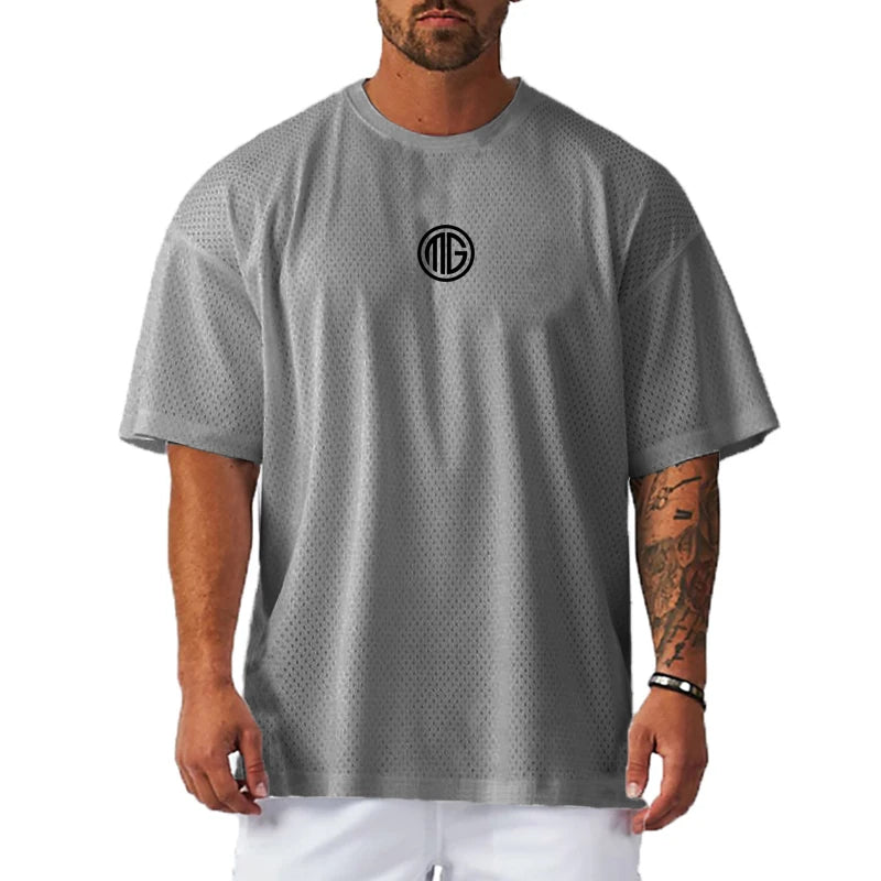 Mens Running T Shirt  Dropped Shoulders Mesh Quick Dry Crew Neck Loose Oversized Fit Breathable Moisture Wicking Gym Workout Tee
