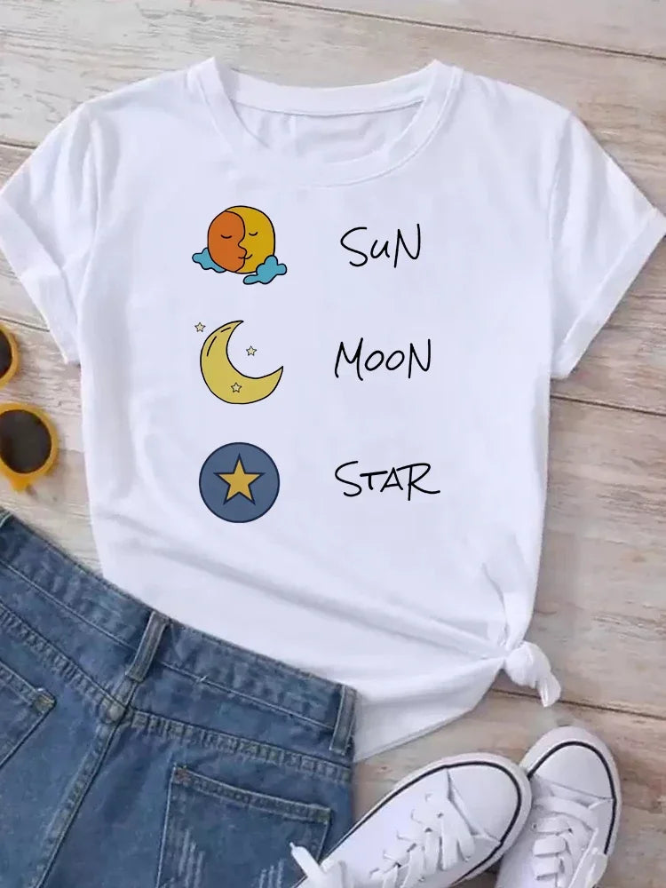 T Shirt Women Moon Planet Print Fashion Tee Shirts Casual Round Neck Short Sleeve Streetwear Female T-Shirt Vintage Tops