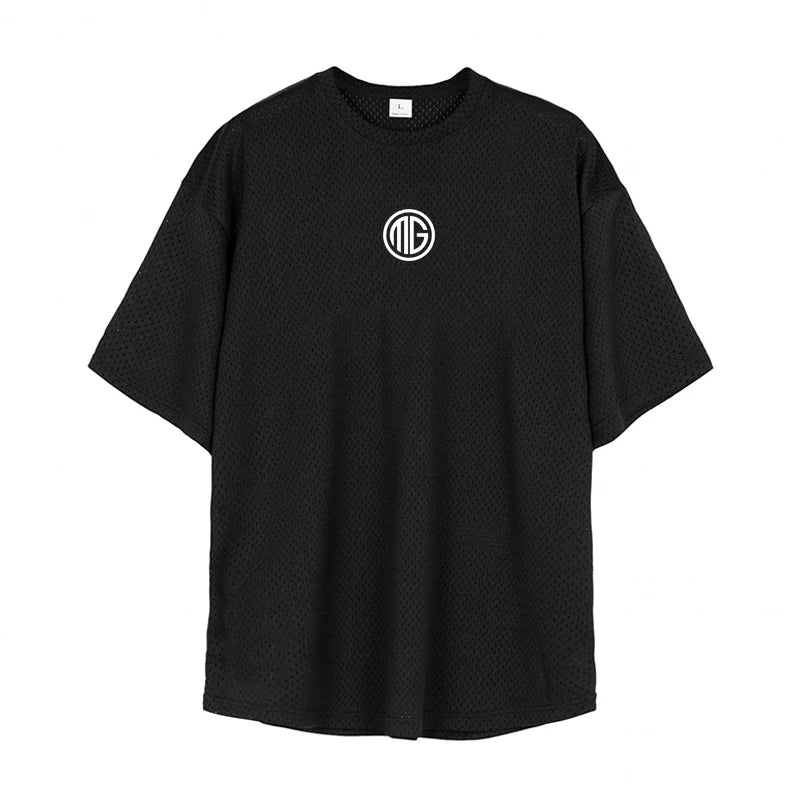 Mens Running T Shirt  Dropped Shoulders Mesh Quick Dry Crew Neck Loose Oversized Fit Breathable Moisture Wicking Gym Workout Tee