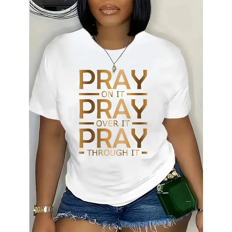 New Hot Selling Pattern Letters Printed Women's Fashion Short-sleeved T-shirt Cherry Round Neck Blouse Summer Fashion Polyester