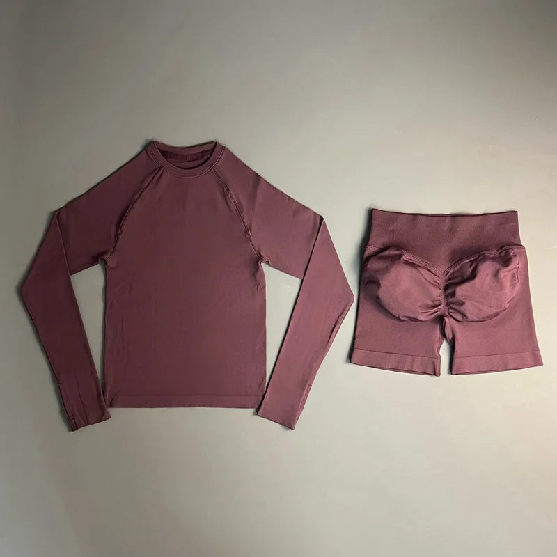 HISTELLO 2 Piece Gym Set Women Sports Long Sleeve Top and Shorts Sets Lightweight Fitness Clothes Pilates Yoga Sportswear Outfit