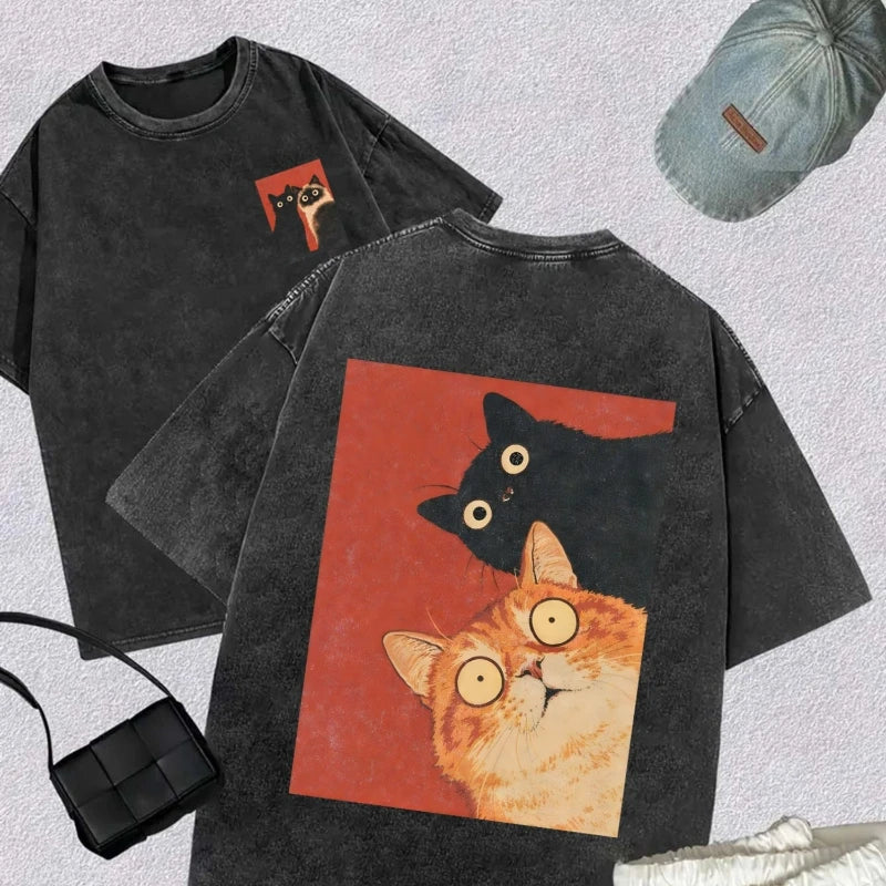 Kawaii Vintage Washed Black Cat Print T-Shirt Korean Style Casual Streetwear Oversized Cotton Tee for Women and Man