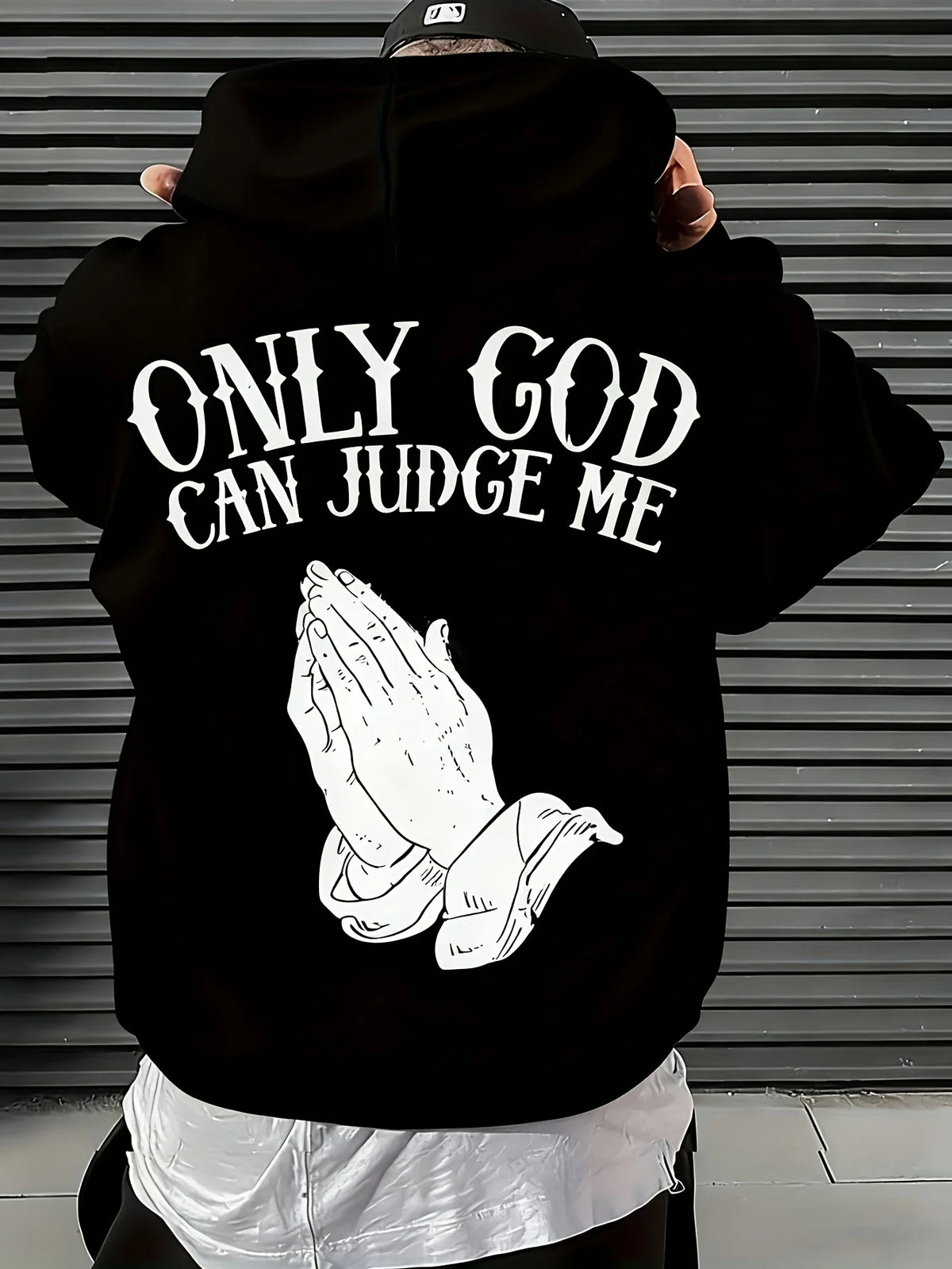 Men's "Only God Can Judge Me" Hoodie Streetwear with Praying Hands Graphic Inspirational Pullover for Casual Wear Style