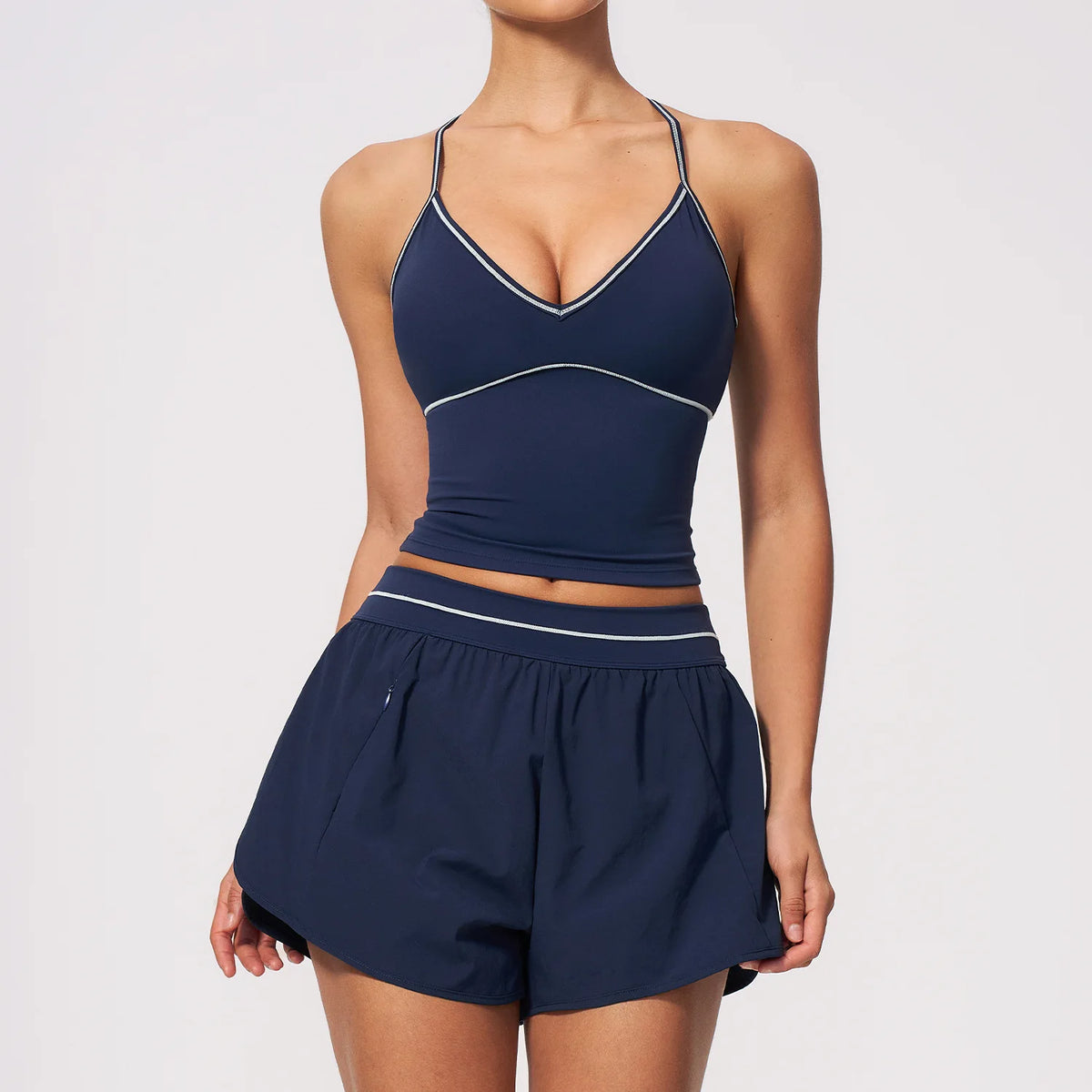 Women 2Pcs Activewear Set V Back Contrast Piping Shorts with Built in Liner and V Neck Crop Top for Gym Tennis Yoga Sportswear