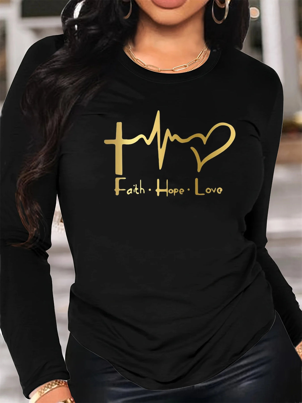 100% pure cotton women's spring and autumn casual long sleeved heart-shaped belief graphic printed round neck T-shirt