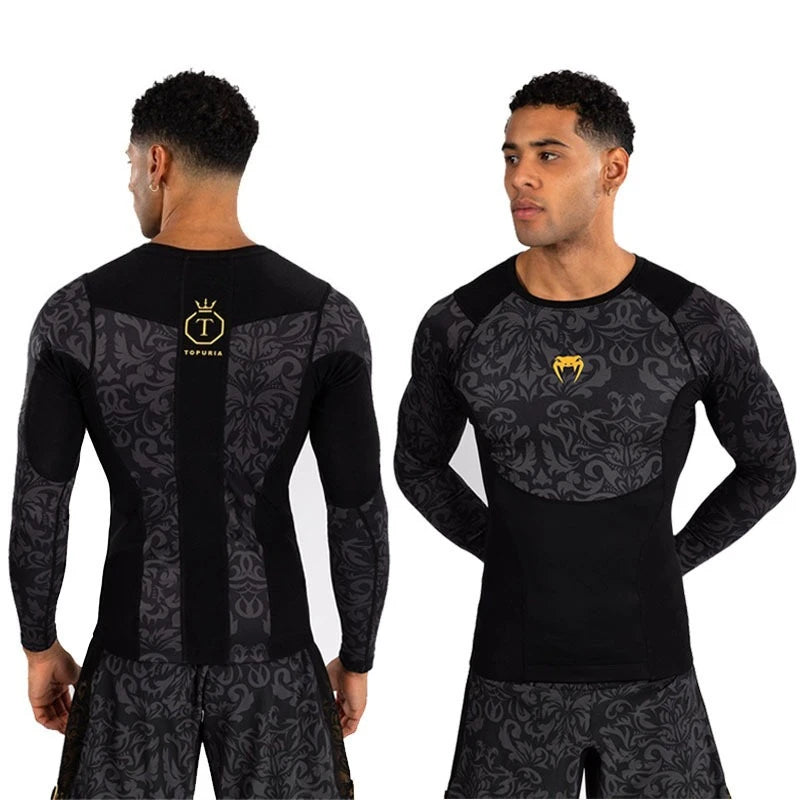 Gym Workout Shirts Men Sports Wear Casual Boxing Tops Combat Training Fitness Quick-Dry Short Sleeve Bodysuit