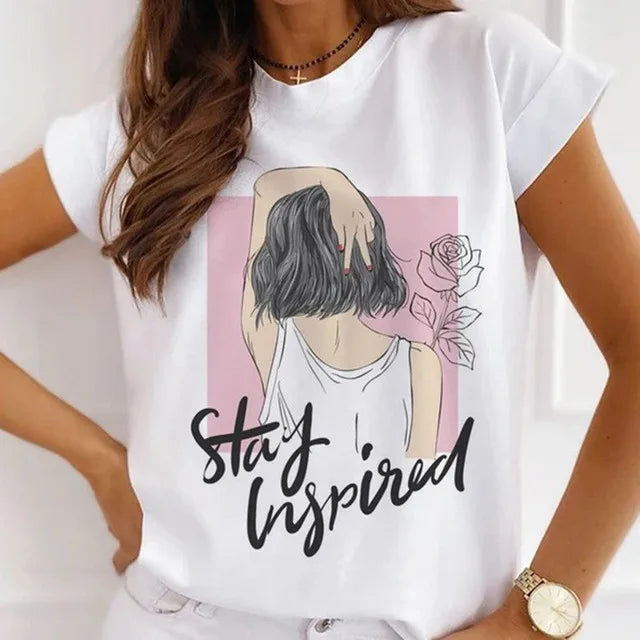 Fashion Girls Cool Half Sleeve American White T-shirt Women's Short Sleeve Top Casual Streetwear Clothing Polyester fiber fabric