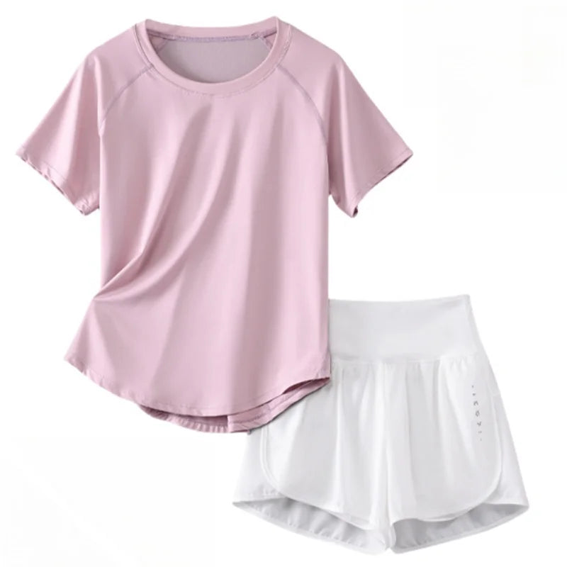 DRUR 2pcs Yoga Set Women Summer Sports Suit 2 Piece Sportswear Outfits Female Short Sleeve Fitness Tops Running Shorts Sets New