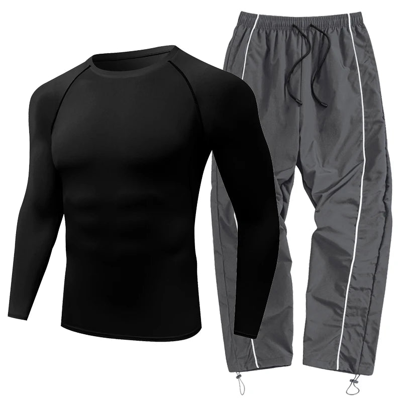 Mens Spring Fall Athletic 2 Piece Set Gym Workout Running Sportswear Long Sleeve Compression Shirt Pants Trousers Sweatpants