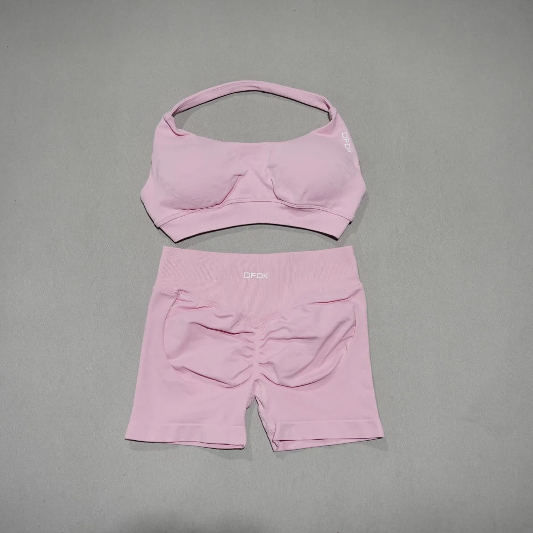 DFDK Women's Fashion 2 Piece Sports Set Lace Up Sports Bra Seamless Shorts Leggings Yoga Gym Fitness Running Tracksuit