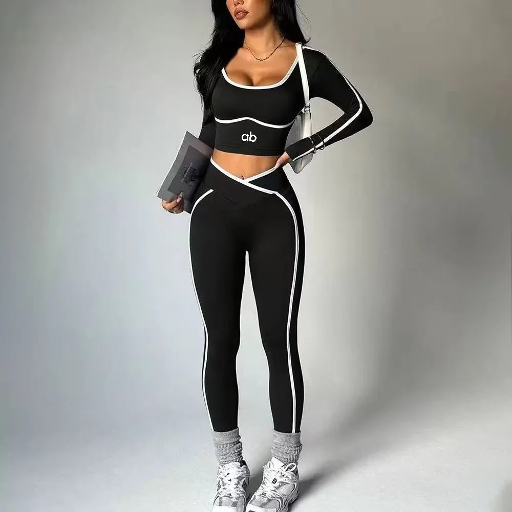 2026 Popular Color Blocking Yoga Set Tight Yoga Long Sleeved Pants V Waist and Hip Lifting Tight Yoga Pants Luxury abyoga Set