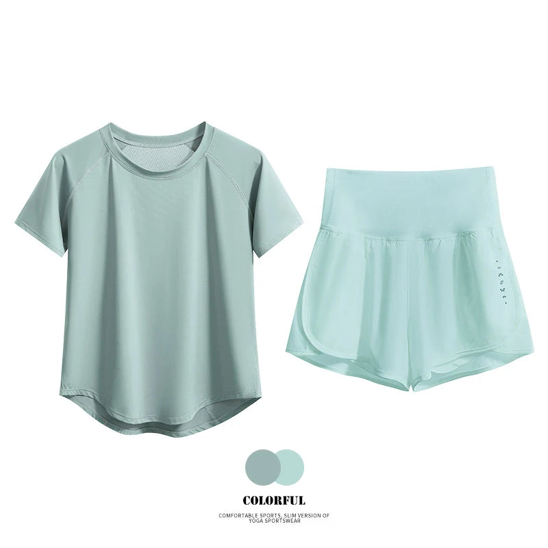 DRUR 2pcs Yoga Set Women Summer Sports Suit 2 Piece Sportswear Outfits Female Short Sleeve Fitness Tops Running Shorts Sets New