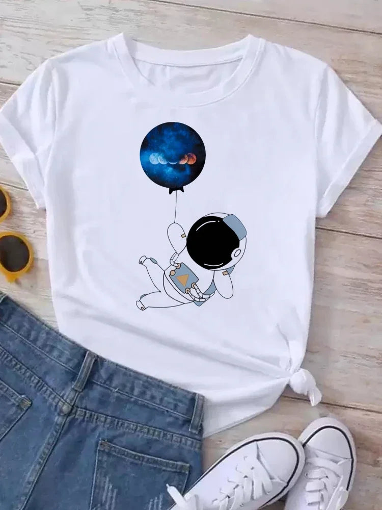 T Shirt Women Moon Planet Print Fashion Tee Shirts Casual Round Neck Short Sleeve Streetwear Female T-Shirt Vintage Tops