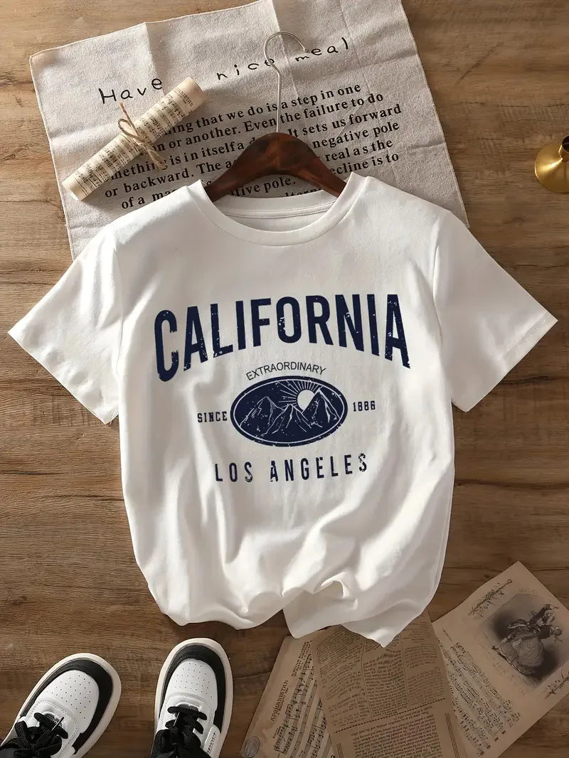 New Hot Selling Pattern Letters Printed Women's Fashion Short-sleeved T-shirt Cherry Round Neck Blouse Summer Fashion Polyester