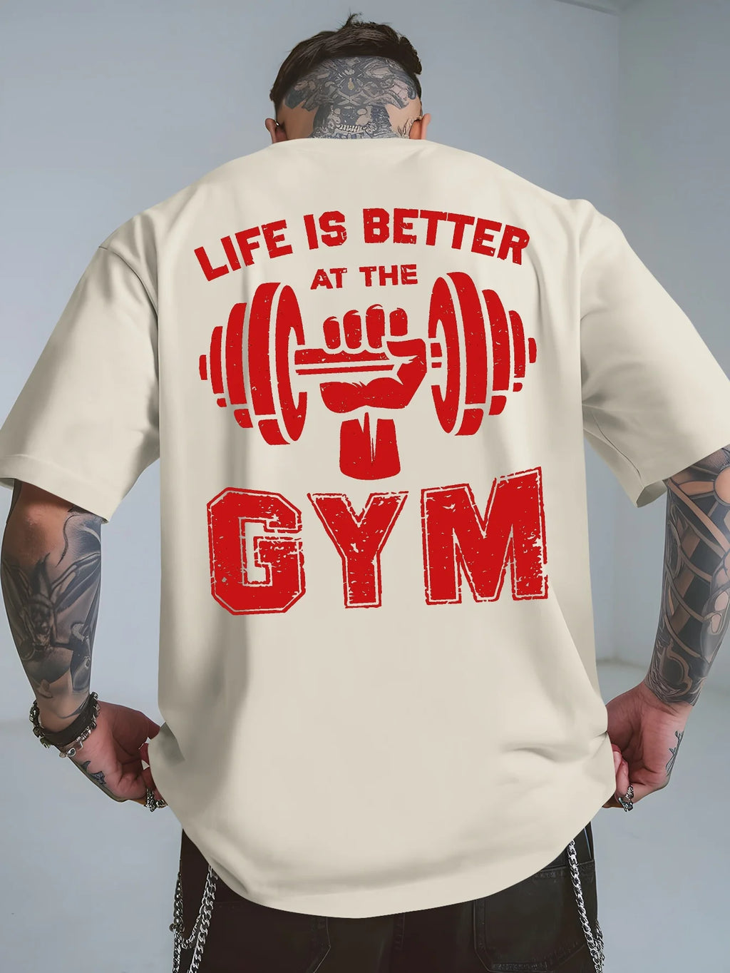 Men'S Life Is Better At The Gym Graphic T-Shirt Casual White Short-Sleeve Tee with Dumbbell Design Breathable Short Sleeve