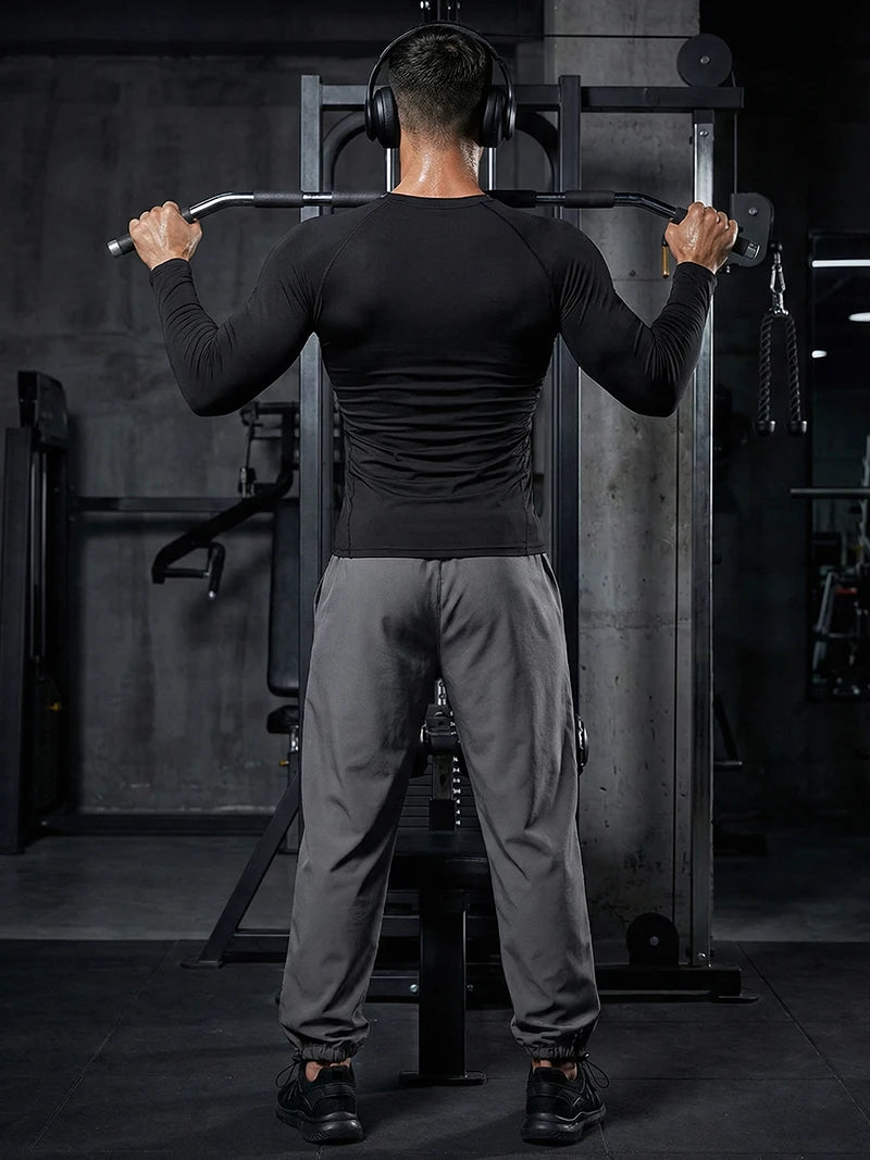 Mens Spring Fall Athletic 2 Piece Set Gym Workout Running Sportswear Long Sleeve Compression Shirt Pants Trousers Sweatpants