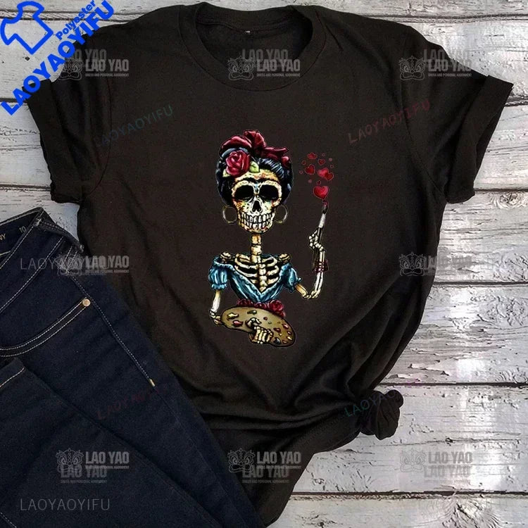 Skull Day of The Dead Graphic T Shirts Skeleton Woman Tshirts Mexican Heritage Flowers Black Tops Casual Kawaii Funny Clothes