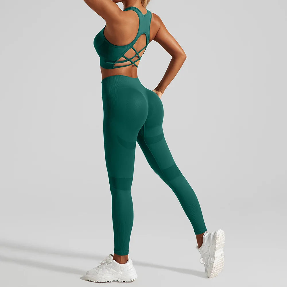 Seamless Yoga Set Two Piece Set Womens Outifits Workout Gym Set Fitness Clothing Tracksuit Backless Crop Top Leggings Sport Suit