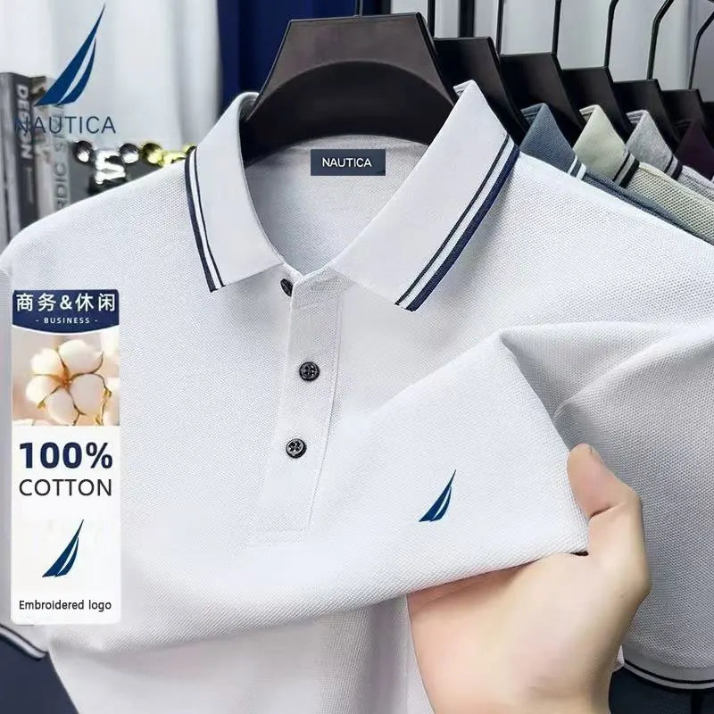 Nautica Embroidered Men's Casual Business Polo Shirt, Pure Cotton Summer Top, Short-Sleeved T-Shirt, Men's Brand Clothing