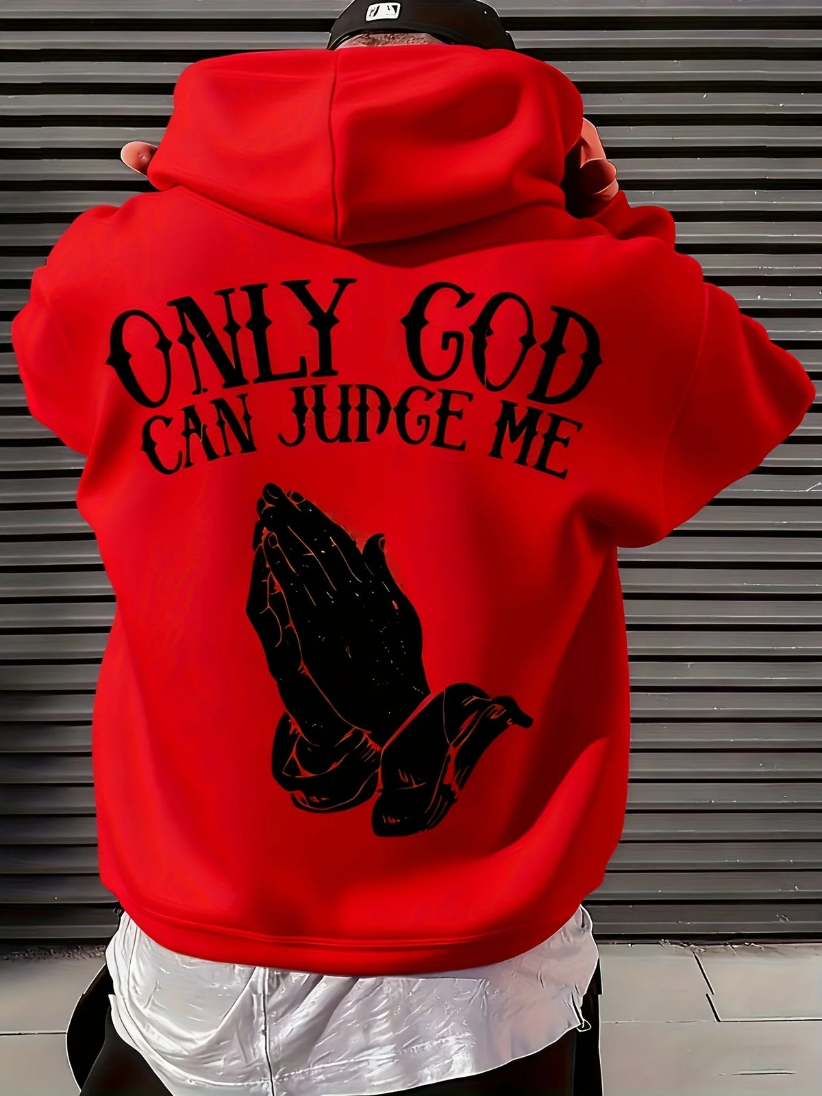 Men's "Only God Can Judge Me" Hoodie Streetwear with Praying Hands Graphic Inspirational Pullover for Casual Wear Style