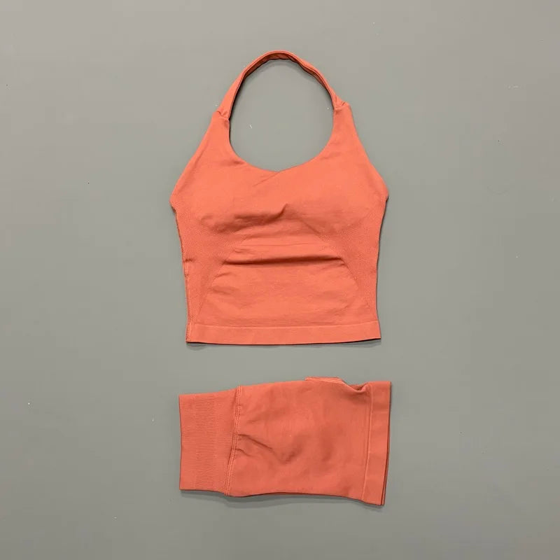 2 Pieces Shorts Yoga Set Women Backless Halter Tops High Waist Seamless Shorts Gym Suit Fitness Sportswear Workout Sets