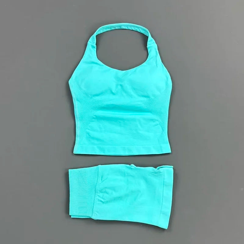 2 Pieces Shorts Yoga Set Women Backless Halter Tops High Waist Seamless Shorts Gym Suit Fitness Sportswear Workout Sets