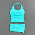 2 Pieces Shorts Yoga Set Women Backless Halter Tops High Waist Seamless Shorts Gym Suit Fitness Sportswear Workout Sets