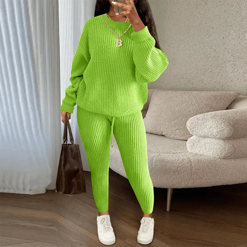 Knitted Sweater Two Piece Set For Women Autumn Winter Long Sleeve O Neck Sweater + Skinny Pants Sets Casual Knit Outfit Homewear