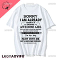 Sorry I Am Already Taken By A Freaking Awesome Guy Husband Couple T-Shirt Fashion Funny Husband and Wife T Shirt  Short-sleev