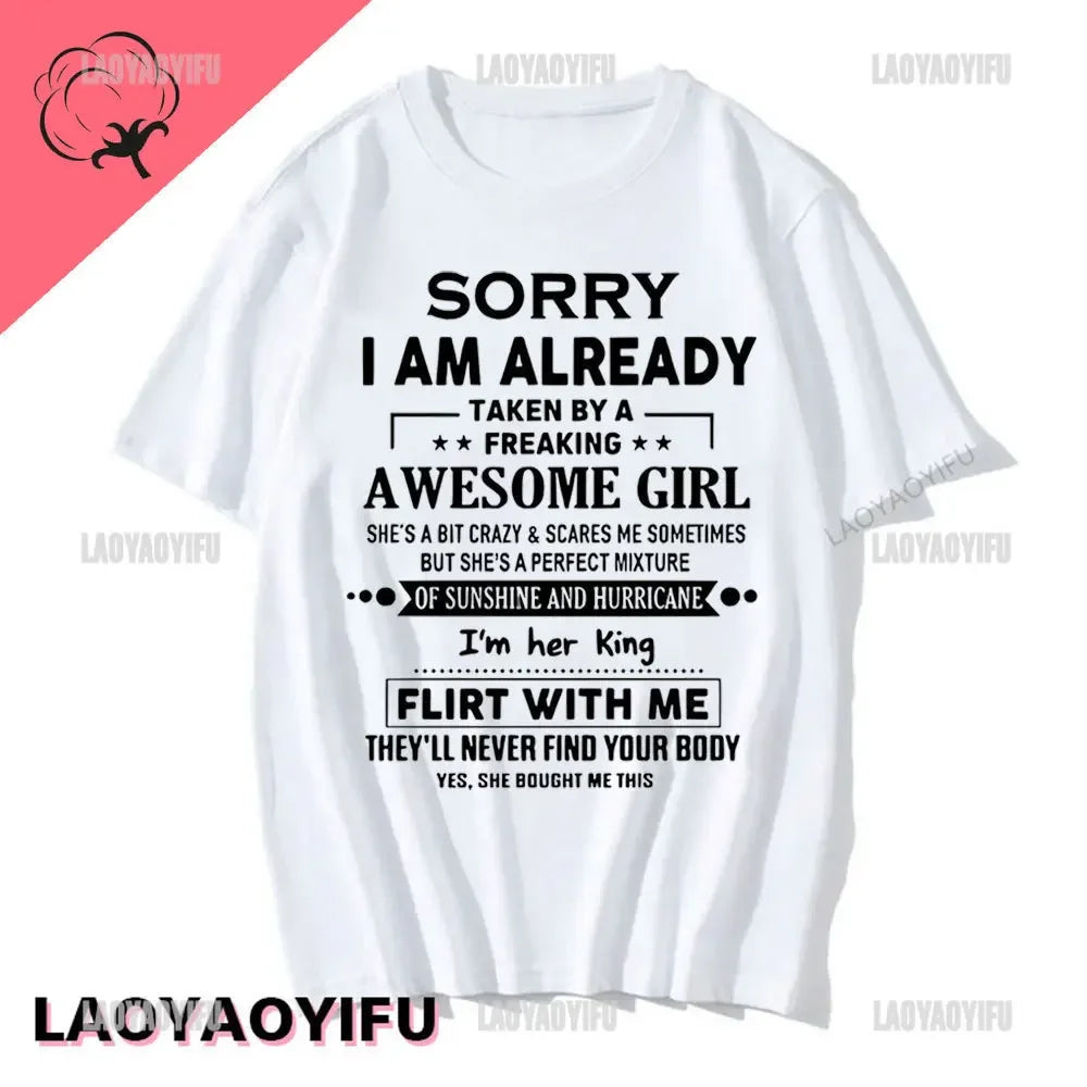 Sorry I Am Already Taken By A Freaking Awesome Guy Husband Couple T-Shirt Fashion Funny Husband and Wife T Shirt  Short-sleev