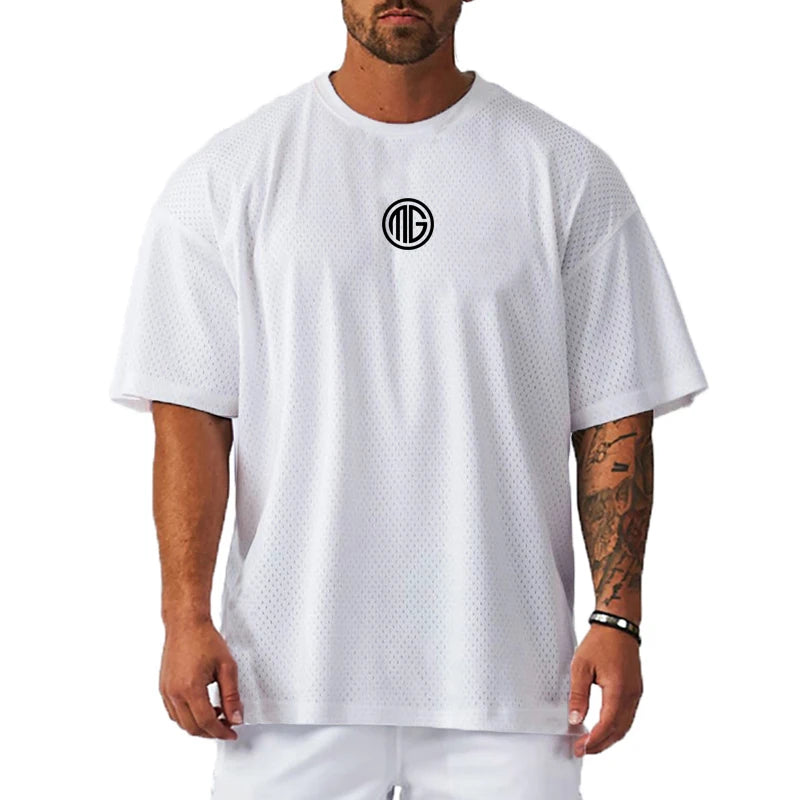 Mens Running T Shirt  Dropped Shoulders Mesh Quick Dry Crew Neck Loose Oversized Fit Breathable Moisture Wicking Gym Workout Tee
