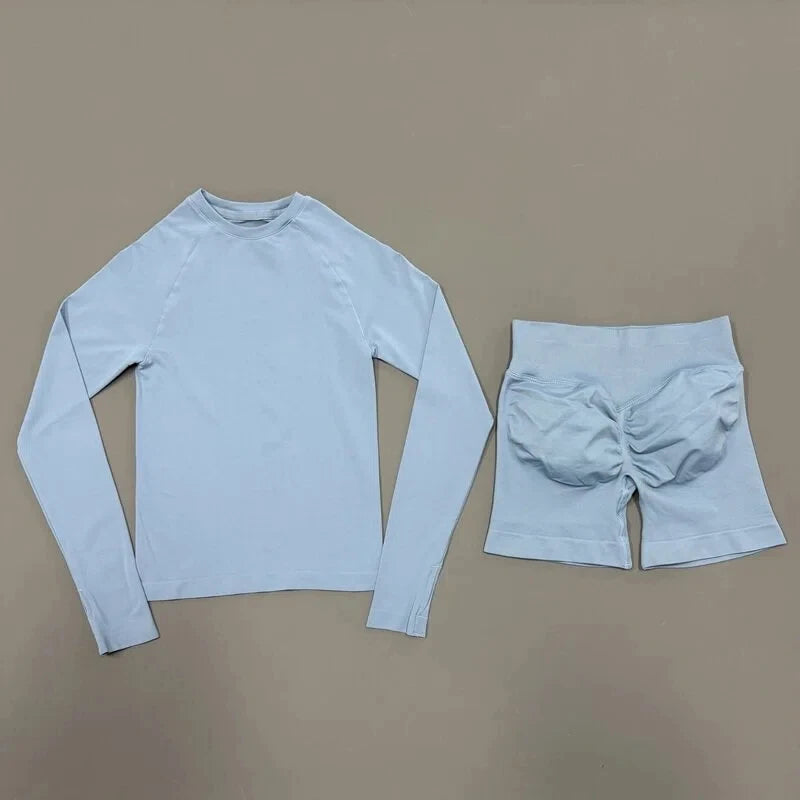 HISTELLO 2 Piece Gym Set Women Sports Long Sleeve Top and Shorts Sets Lightweight Fitness Clothes Pilates Yoga Sportswear Outfit