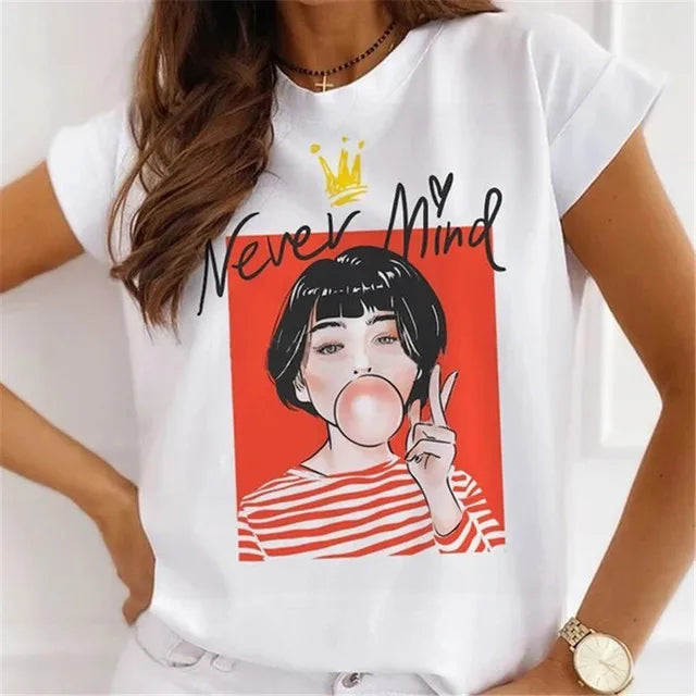 Fashion Girls Cool Half Sleeve American White T-shirt Women's Short Sleeve Top Casual Streetwear Clothing Polyester fiber fabric