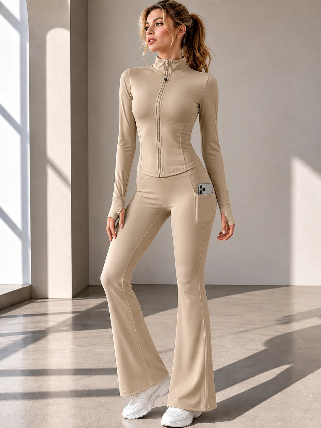 Polyester Spandex Women Yoga 2Pcs Suit Zip Slim Jacket High Waist Flare Pants Pocket Gym Workout Running Sportswear